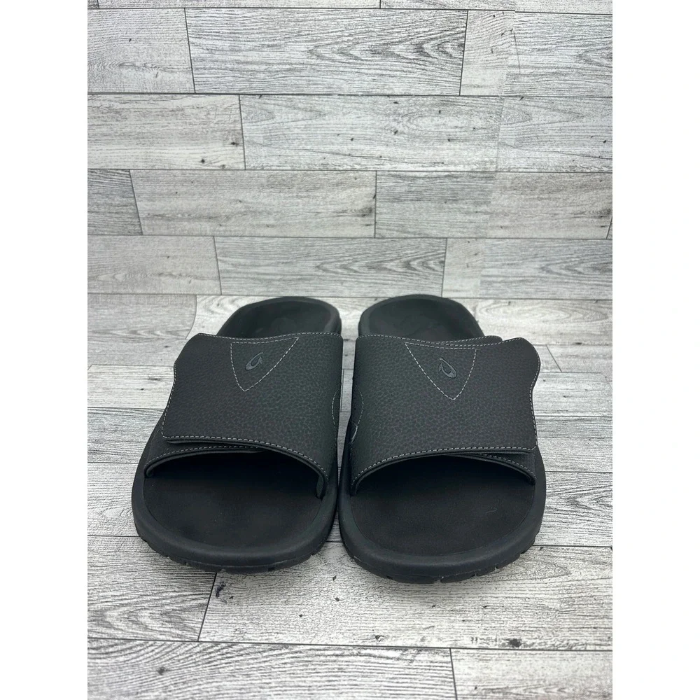 Olukai Nalu Slide Black Adjustable Strap Sandals 10332-4040 Men Sz 10